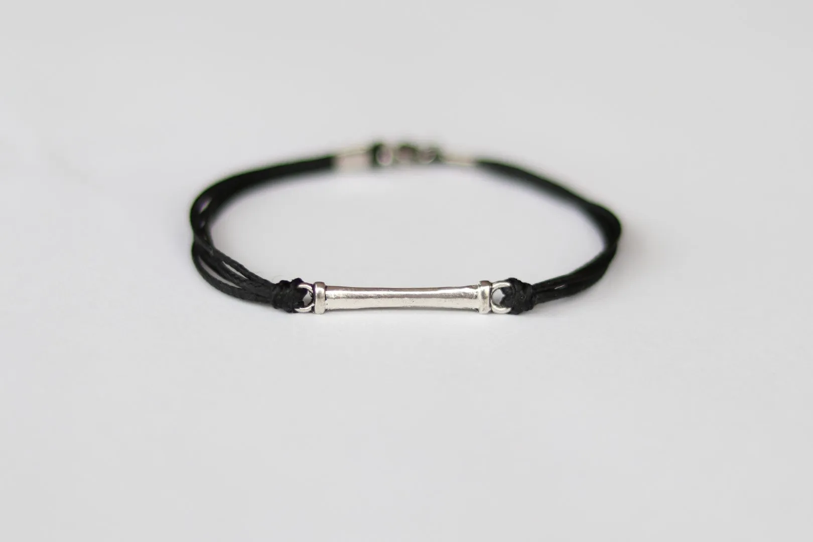 Bracelet for men with a long silver bar, custom string color, Christmas gift for him, stocking stuffer, gift wrapped, black