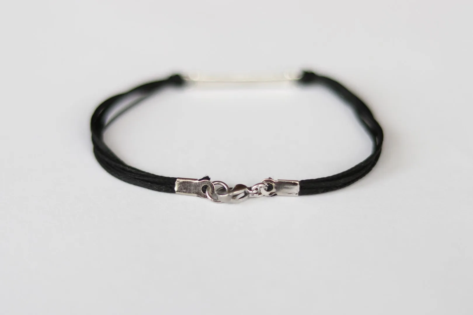 Bracelet for men with a long silver bar, custom string color, Christmas gift for him, stocking stuffer, gift wrapped, black
