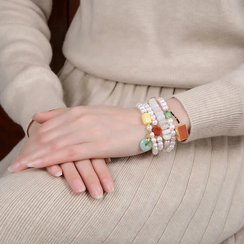 Buddha Stones 925 Sterling Silver Pearl Hetian Jade Red Agate Double Happiness Amber Luck Quadruple Wrap Bracelet
