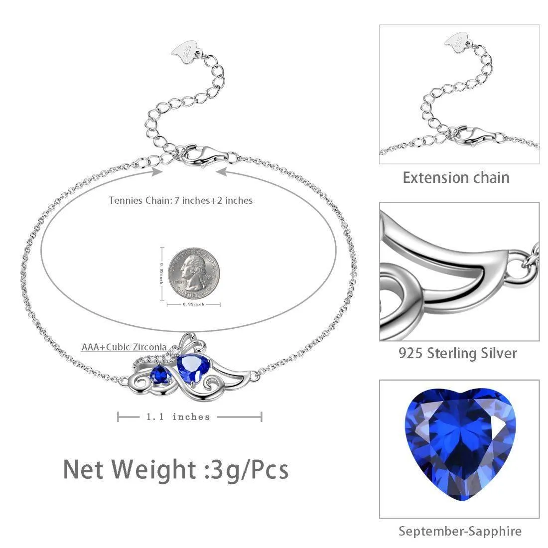 Butterfly Birthstone September Sapphire Bracelet Women Girls Jewelry Birthday Gift 925 Sterling Silver