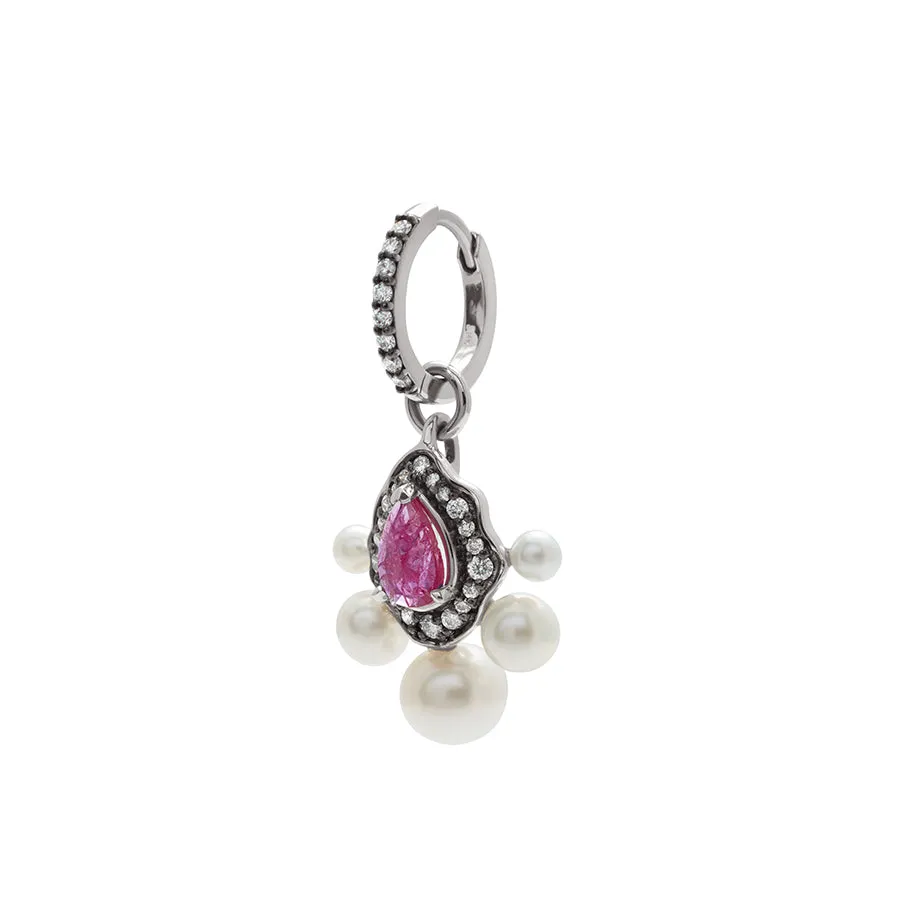 Camellia Petal Drop Hoop Earrings - White Gold, Ruby & Pearl