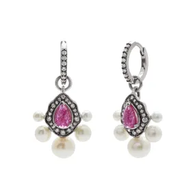 Camellia Petal Drop Hoop Earrings - White Gold, Ruby & Pearl