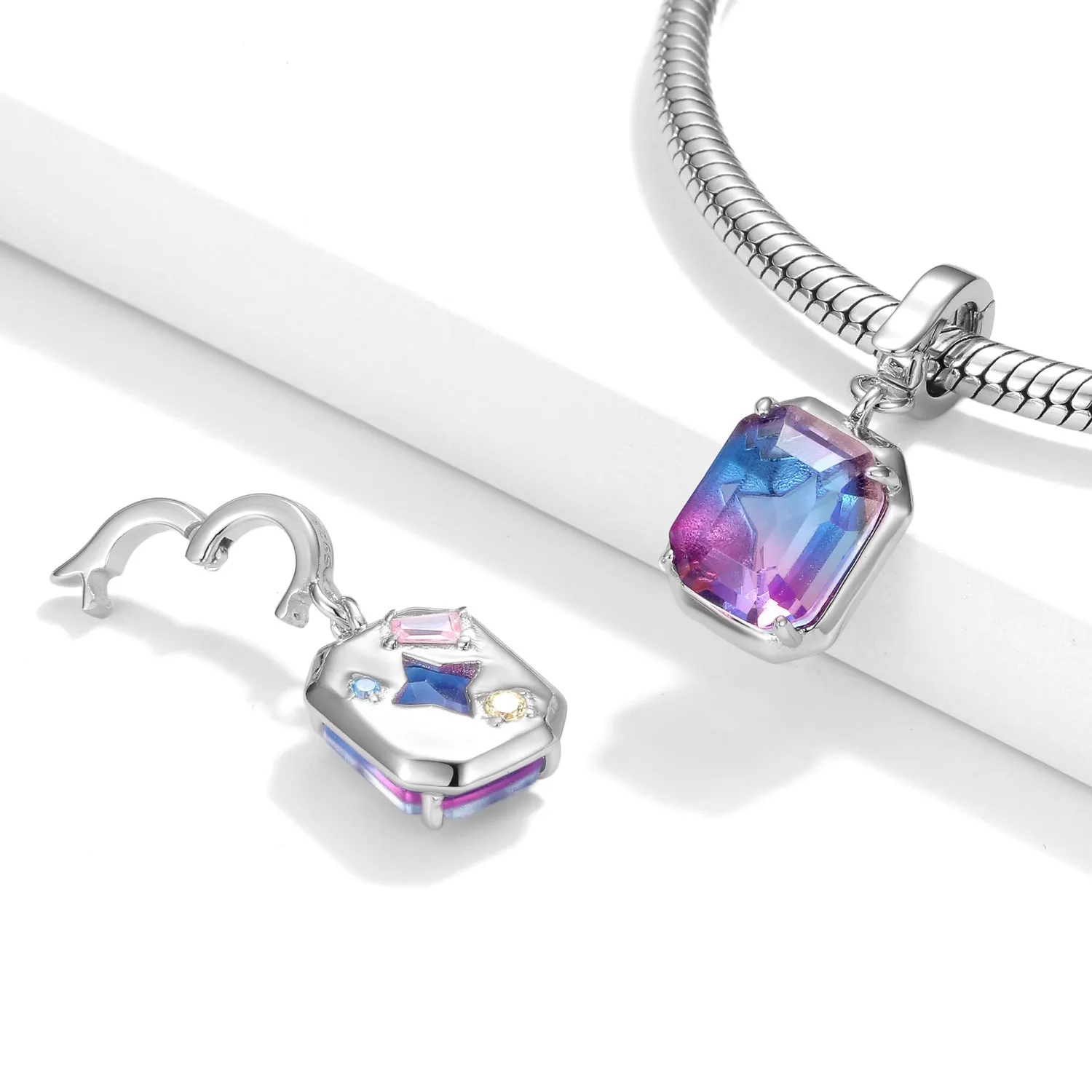 Colourful Emerald Shape Zircon Pendant Silver Pendant