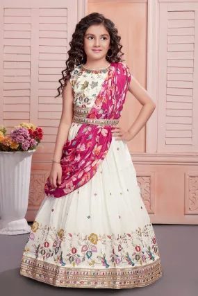 Cream Multicolor Thread, Zari and Sequins work Lehenga Choli for Girls