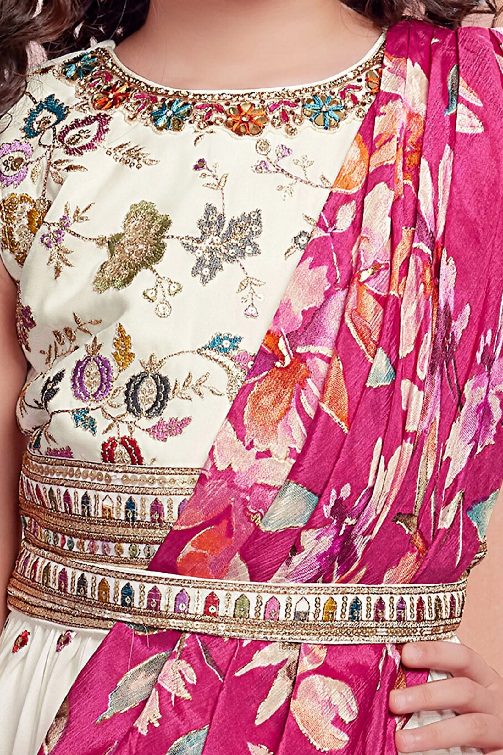 Cream Multicolor Thread, Zari and Sequins work Lehenga Choli for Girls