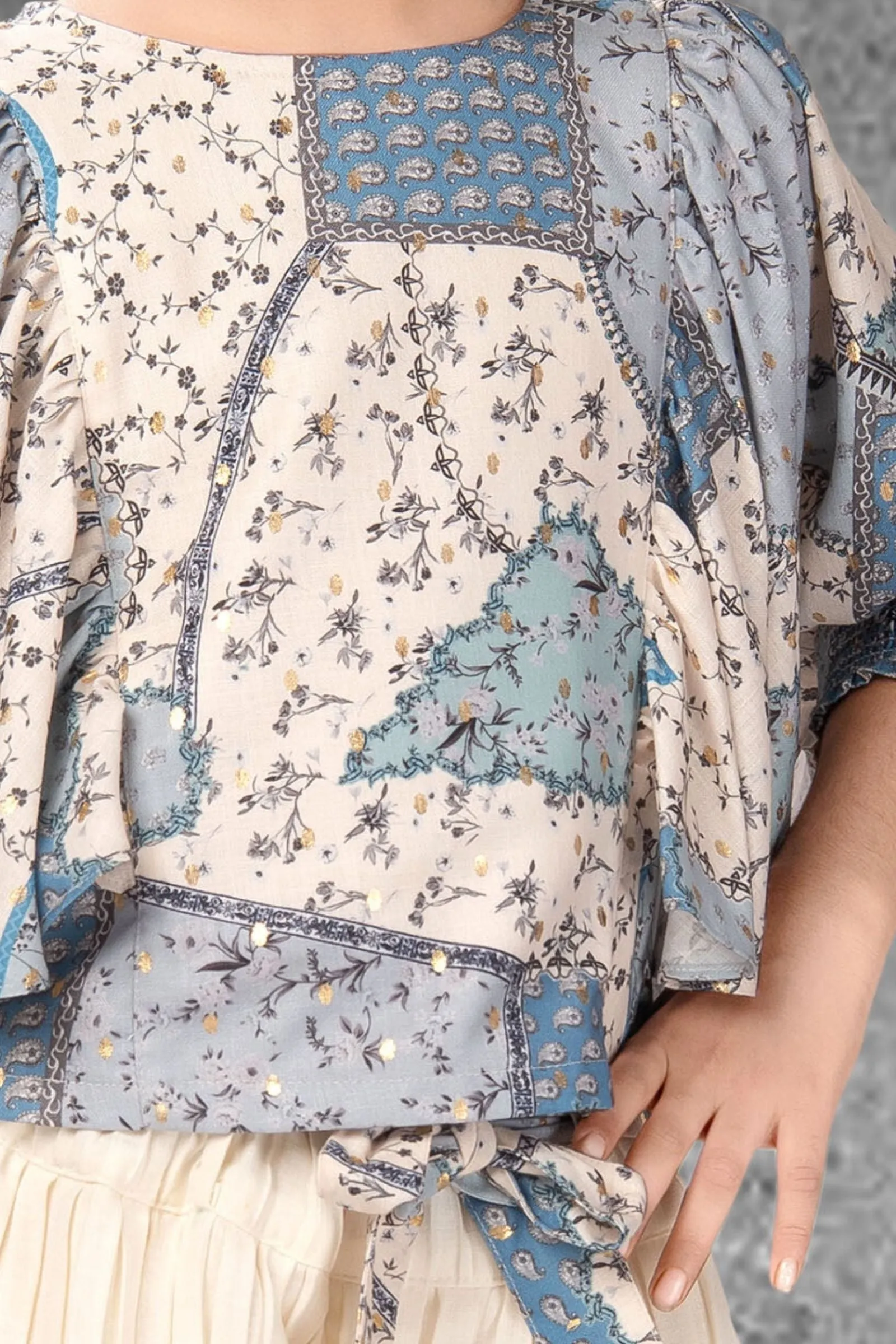 Cream with Blue  Printed Kaftan Top with Palazzo Set for Girls