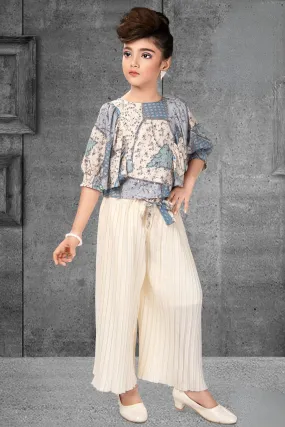 Cream with Blue  Printed Kaftan Top with Palazzo Set for Girls