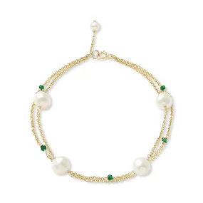 Credo fine double chain bracelet with cultured freshwater pearls & emerald