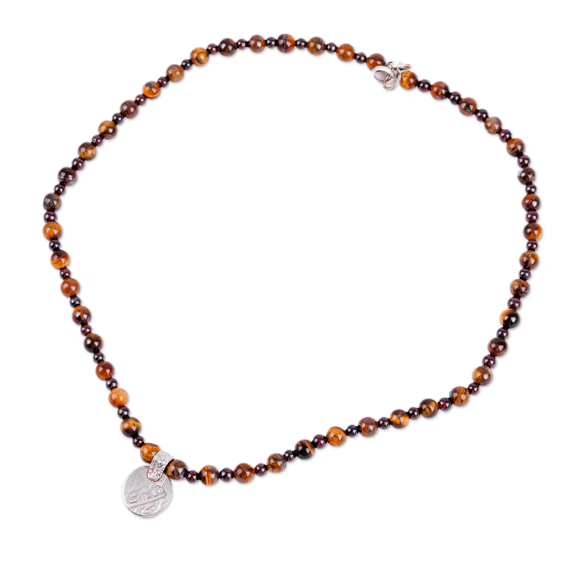 Cultural Tiger's Eye and Garnet Choker Pendant Necklace - Precious History | NOVICA