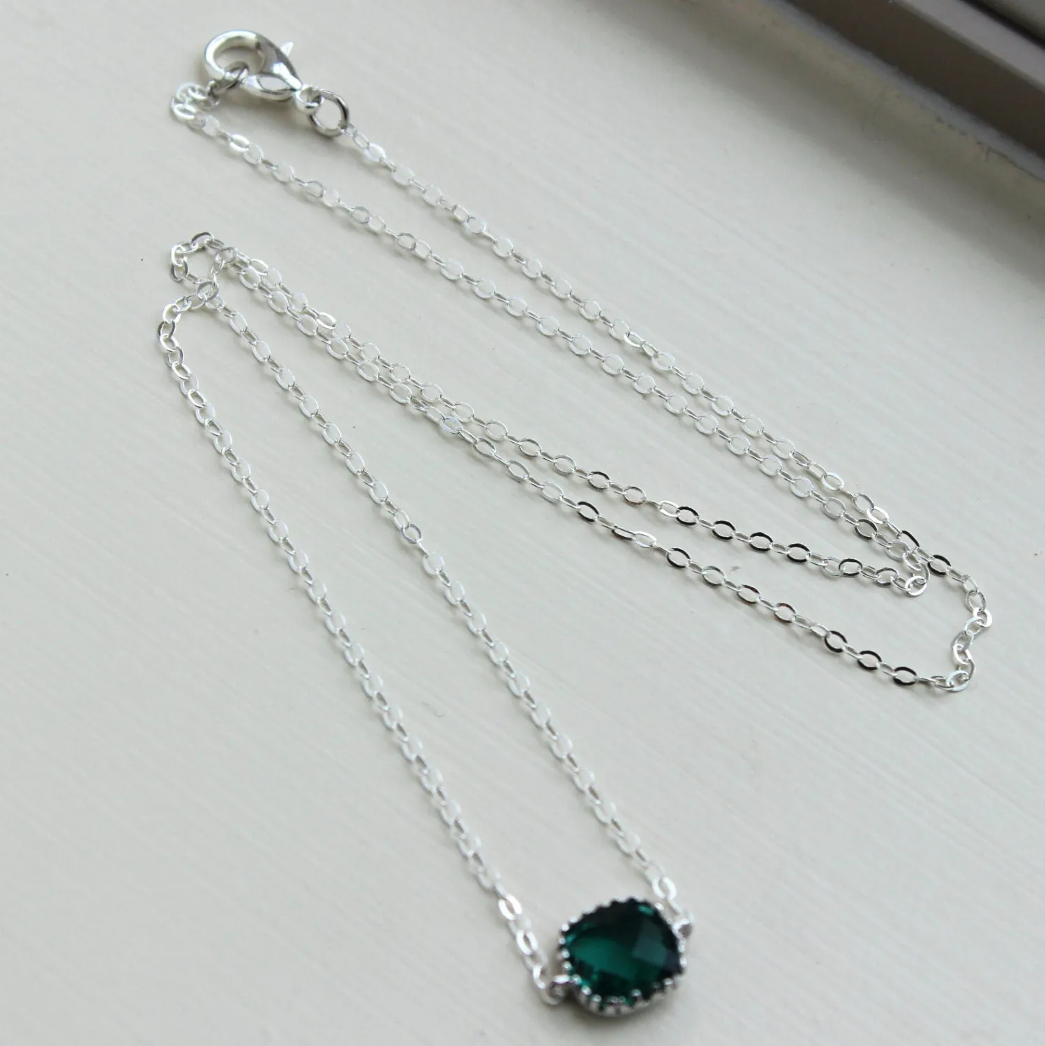 Dainty Emerald Green Necklace Sterling Silver Chain - Charm Necklace Green Bridesmaid Necklace Hunter Green Wedding Jewelry - Gift under 25