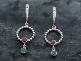 Dangling Hoop Earrings - Natural Ruby Earrings - Genuine Emerald Earrings
