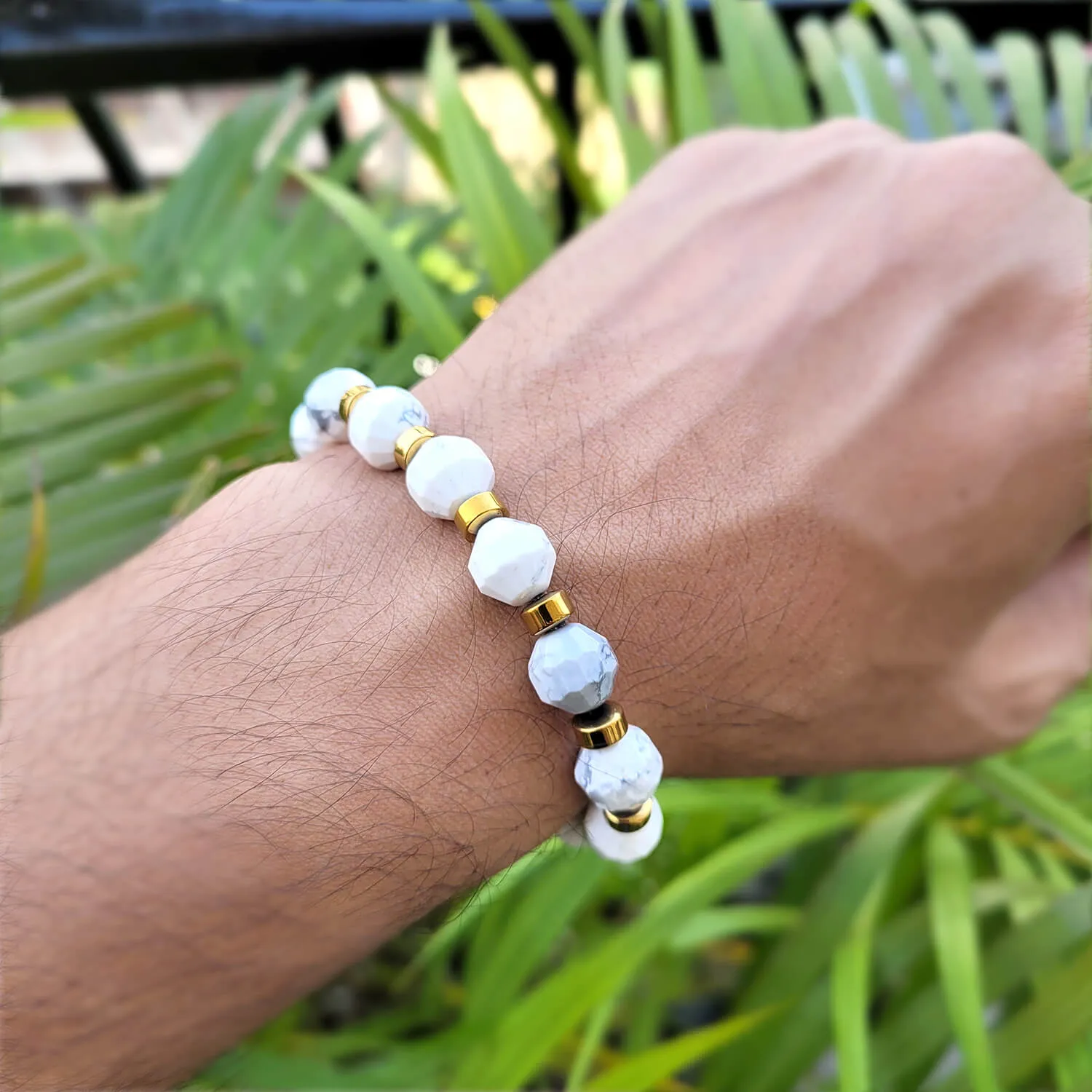 Diamond Cut Howlite With Golden Hematite Natural Stone Bracelet