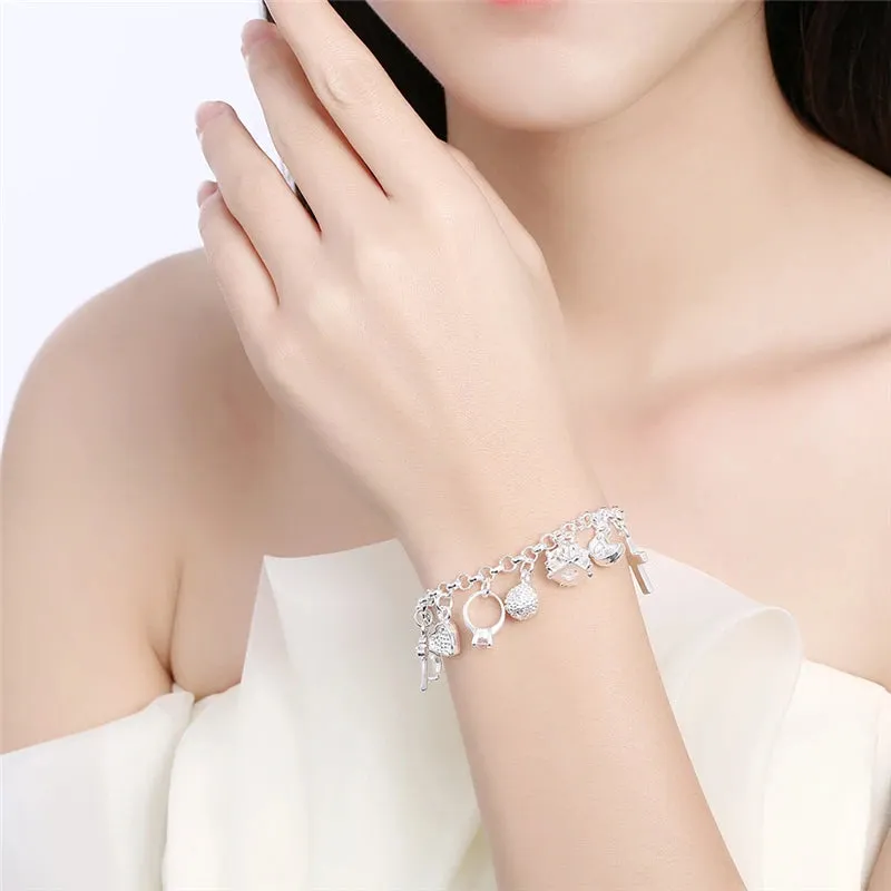 DOTEFFIL 925 Sterling Silver 24K Gold Moon Heart Lock Cross Bracelet For Men Woman Charm Wedding Party Fashion Jewelry
