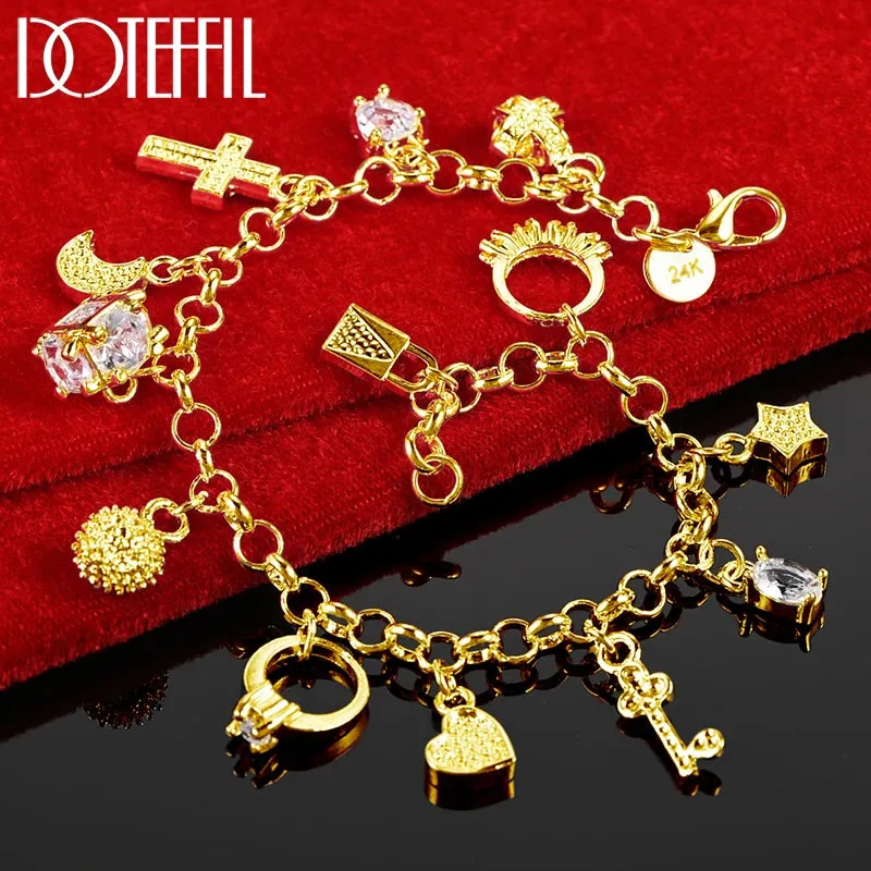 DOTEFFIL 925 Sterling Silver 24K Gold Moon Heart Lock Cross Bracelet For Men Woman Charm Wedding Party Fashion Jewelry