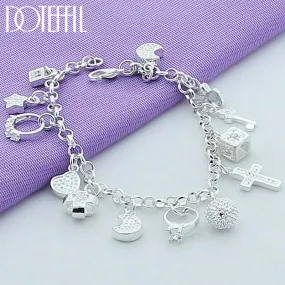 DOTEFFIL 925 Sterling Silver 24K Gold Moon Heart Lock Cross Bracelet For Men Woman Charm Wedding Party Fashion Jewelry