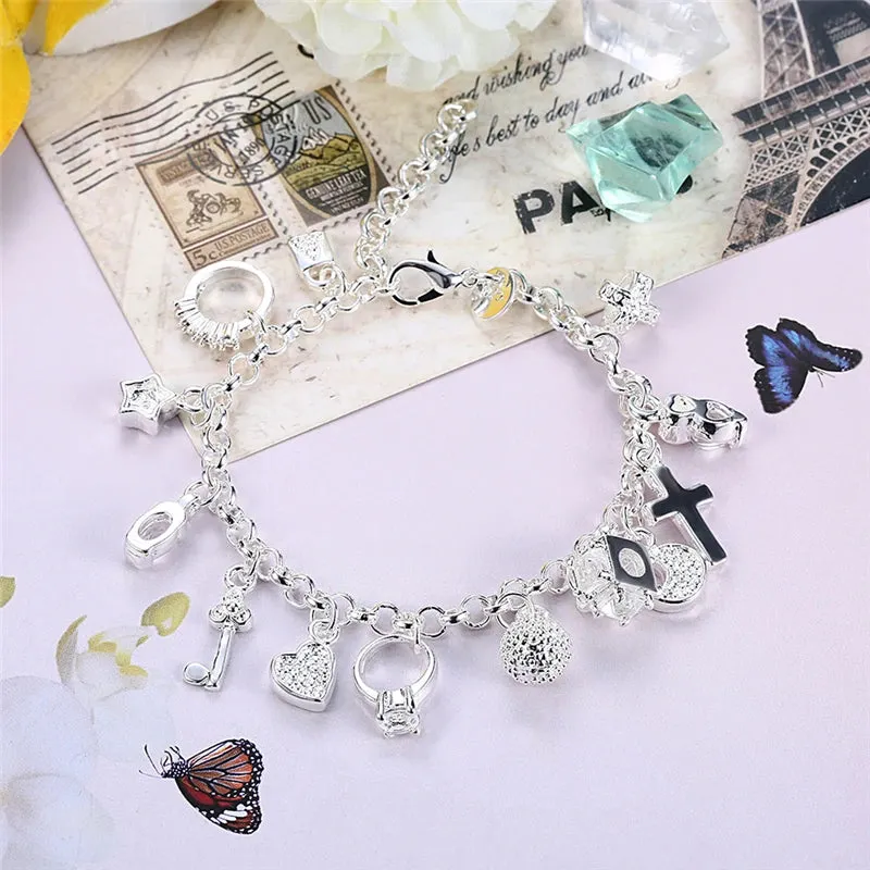 DOTEFFIL 925 Sterling Silver 24K Gold Moon Heart Lock Cross Bracelet For Men Woman Charm Wedding Party Fashion Jewelry