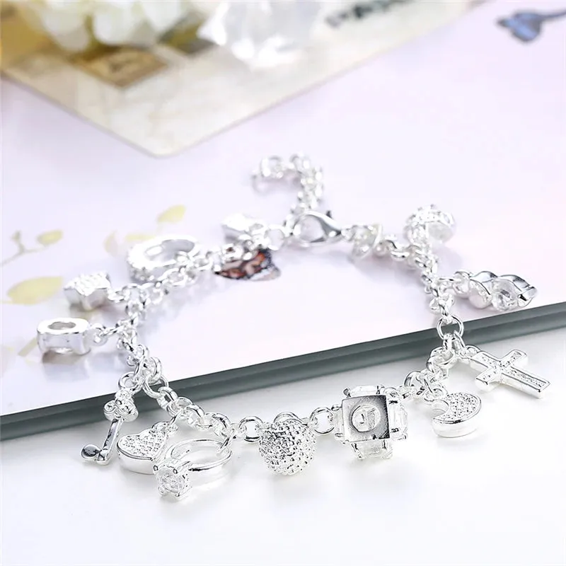 DOTEFFIL 925 Sterling Silver 24K Gold Moon Heart Lock Cross Bracelet For Men Woman Charm Wedding Party Fashion Jewelry