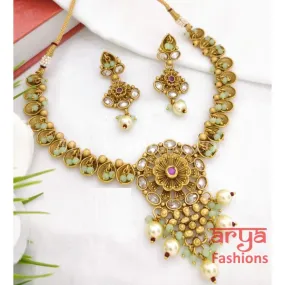 Emerald Polki Kundan Necklace / Ruby Green Kundan Temple Jewelry
