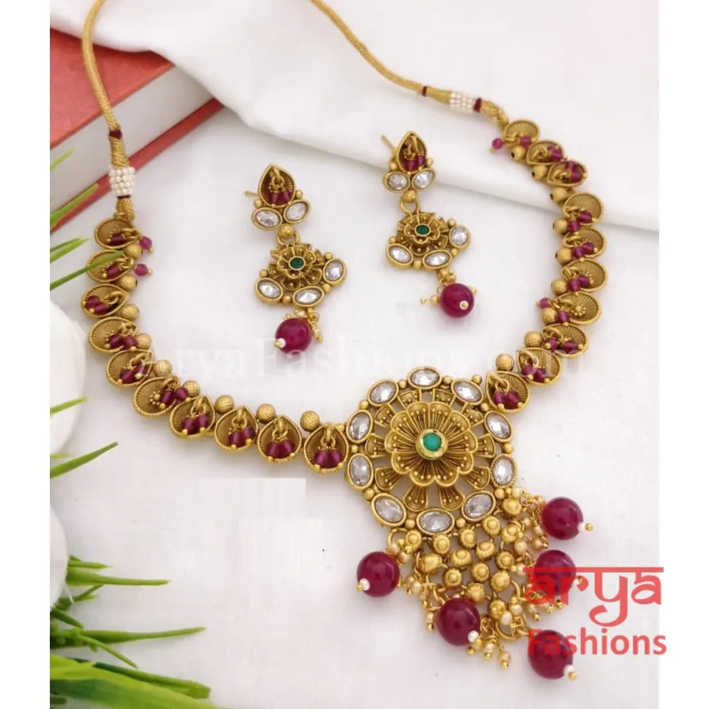 Emerald Polki Kundan Necklace / Ruby Green Kundan Temple Jewelry