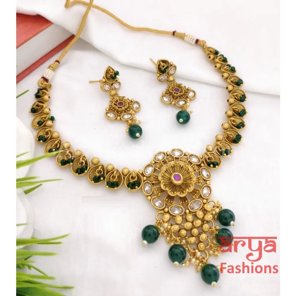 Emerald Polki Kundan Necklace / Ruby Green Kundan Temple Jewelry