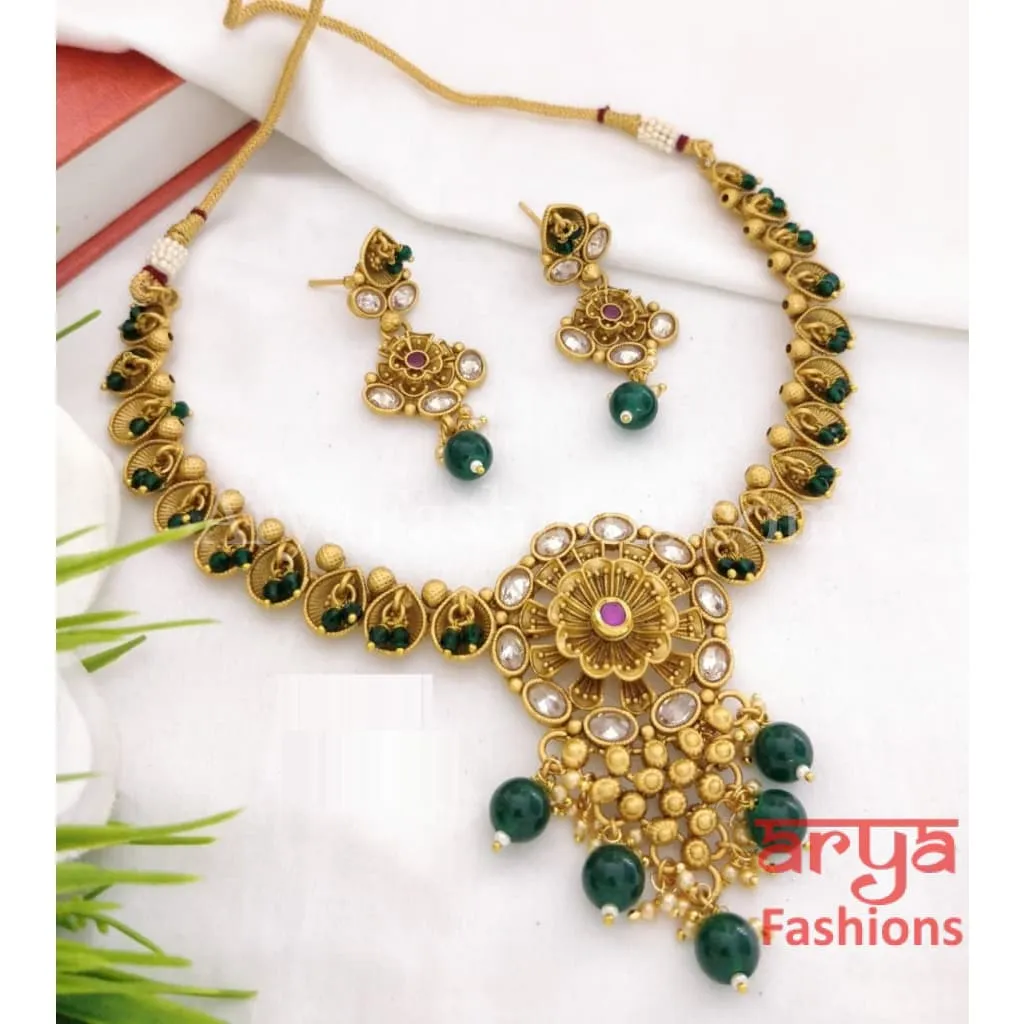 Emerald Polki Kundan Necklace / Ruby Green Kundan Temple Jewelry