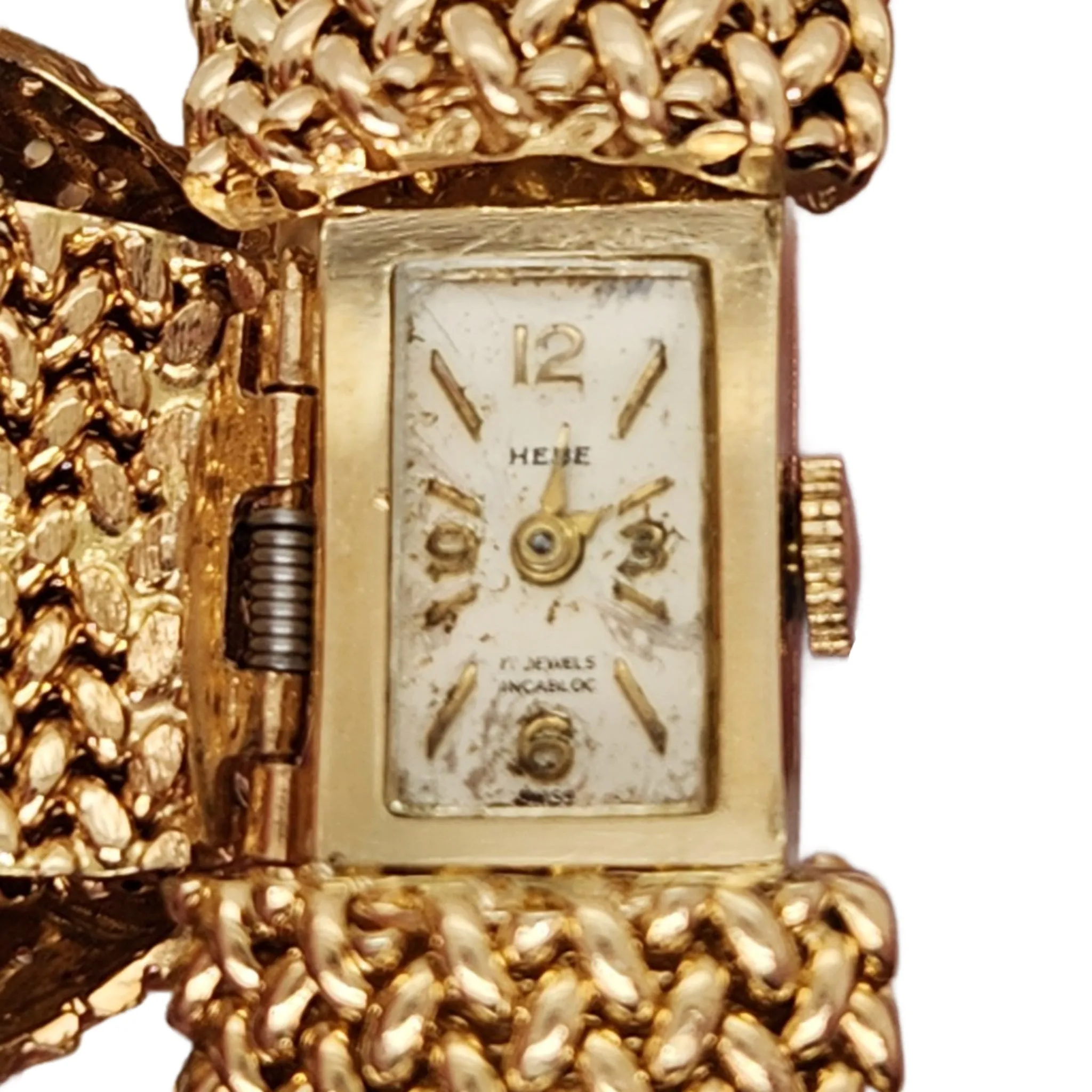 Estate Hebe 14k Yellow Gold Silver Dial Sapphire and Diamond Watch
