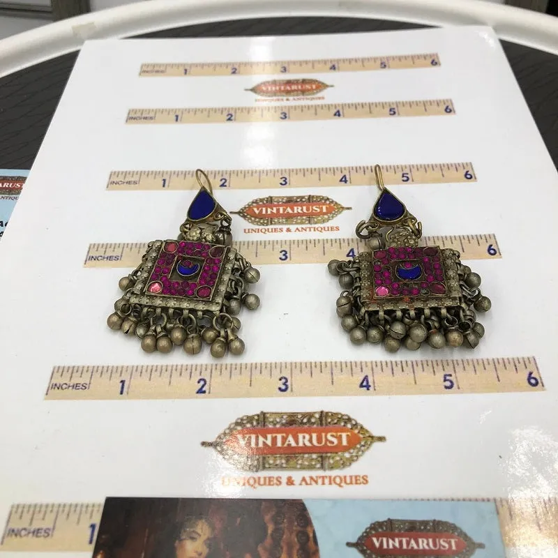Ethnic Stone Square Shaped Earrings With Small Bells