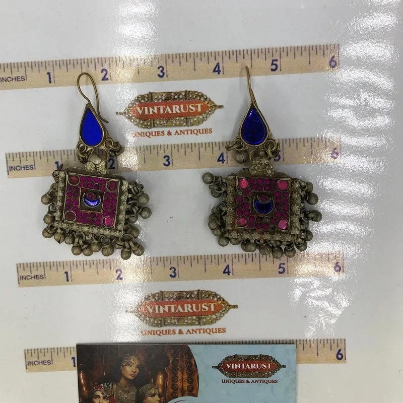 Ethnic Stone Square Shaped Earrings With Small Bells