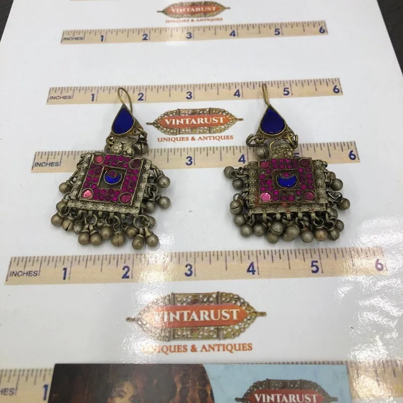 Ethnic Stone Square Shaped Earrings With Small Bells