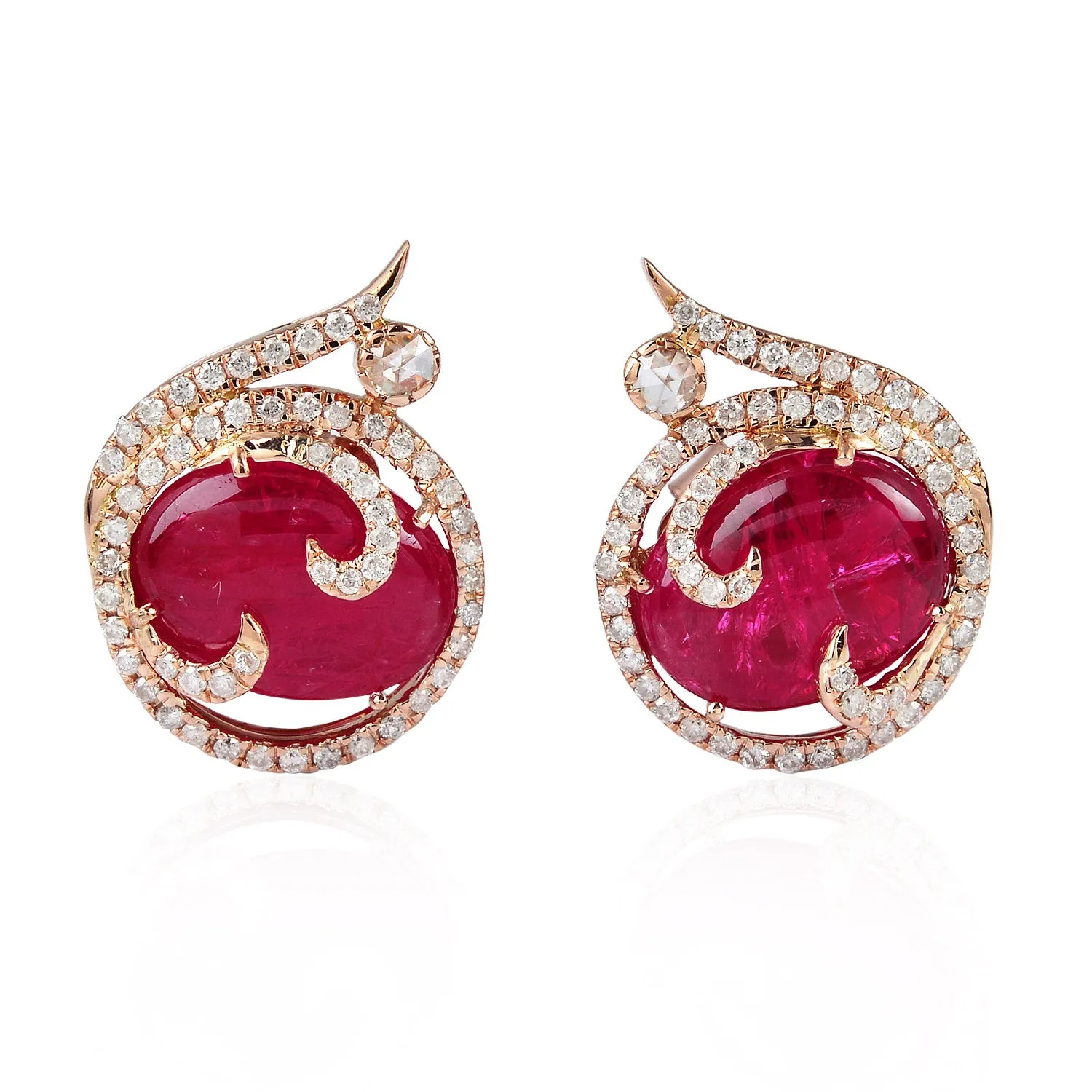 Exquisite 18K Rose Gold Prong Diamond Oval Ruby Precious Gemstone Stud Earrings