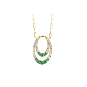 Frederic Sage 14K Yellow Gold Double Oval Emerald and Diamond Pendant on Mini Paperclip Chain