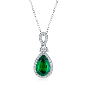 Gala Fireworks 4.0 Carat Pear Shaped Lab Created Emerald Halo Necklace in S925 Silver Plated Platinum
