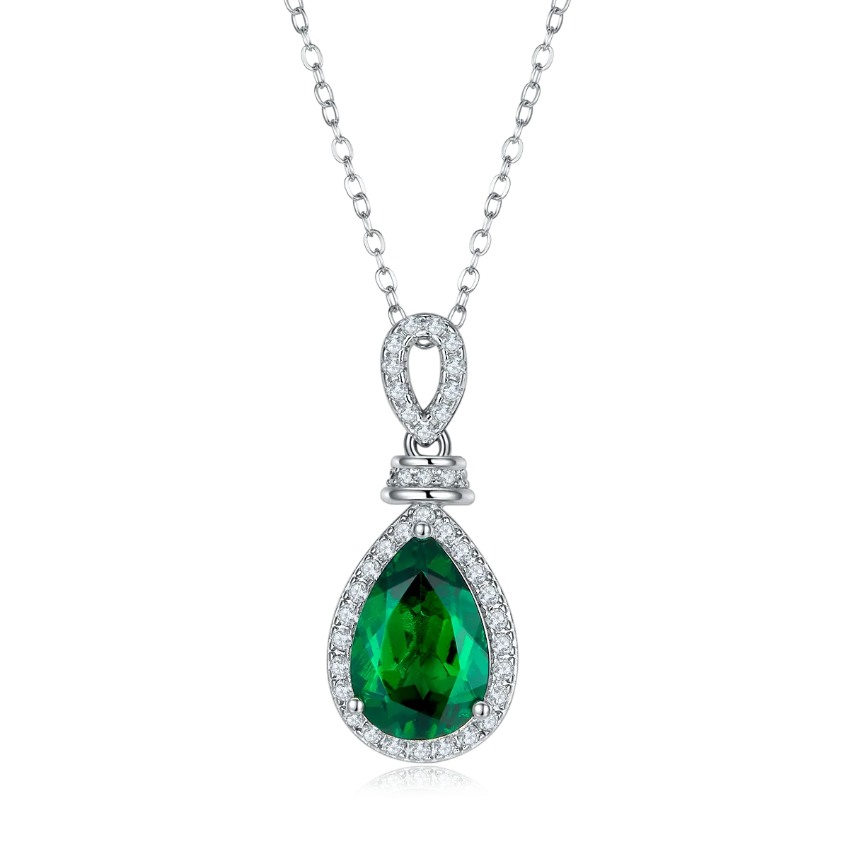 Gala Fireworks 4.0 Carat Pear Shaped Lab Created Emerald Halo Necklace in S925 Silver Plated Platinum