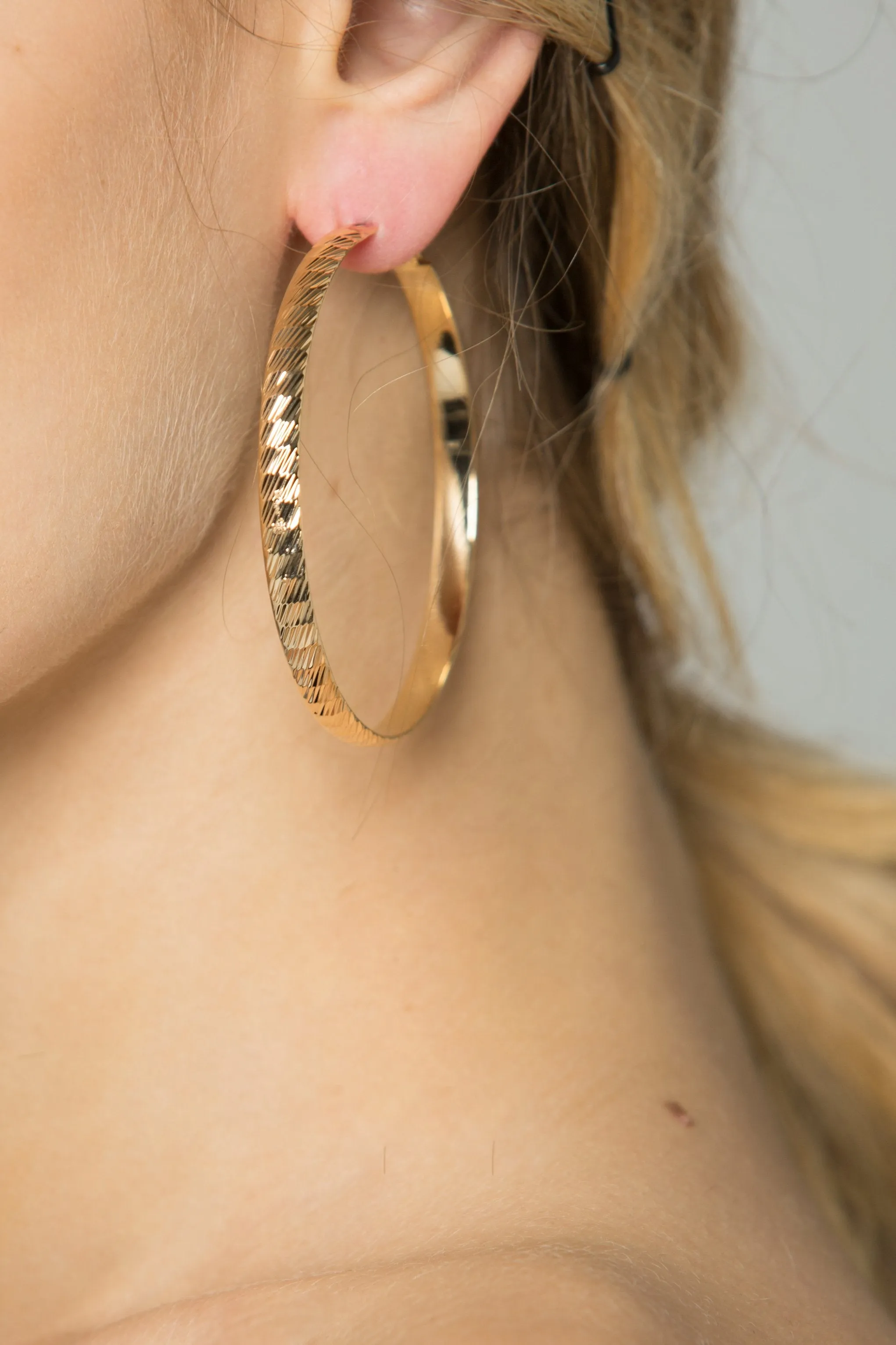 Gold Flat Ribbed Hoop Earrings