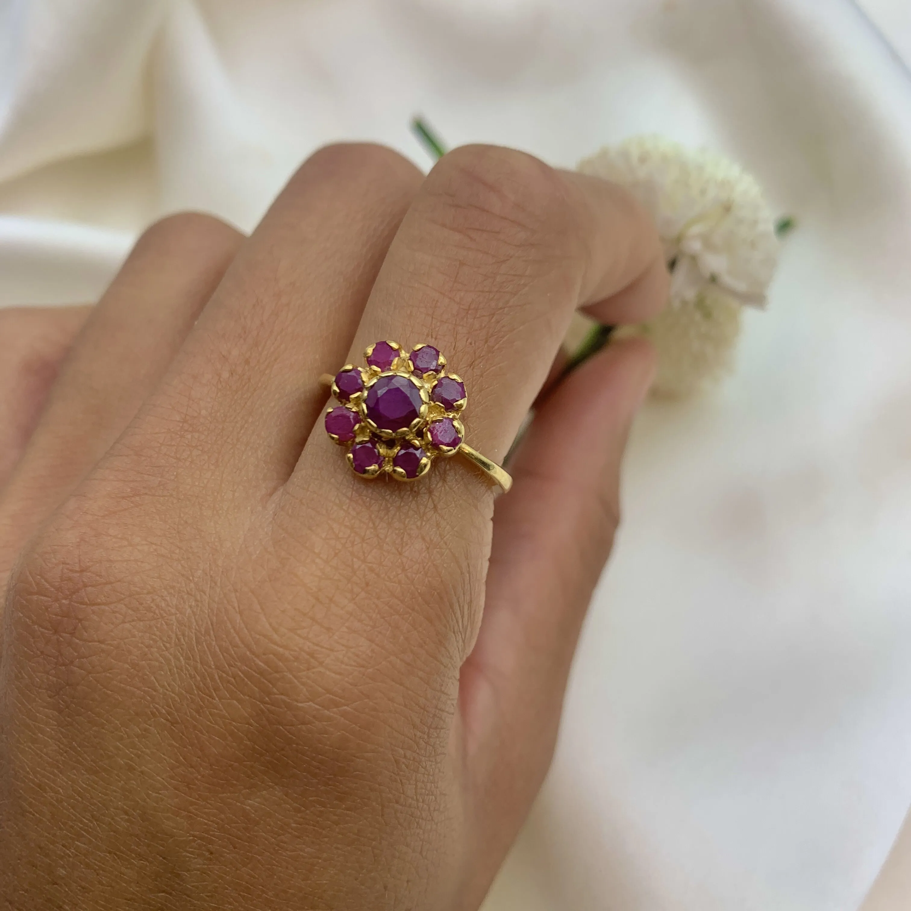 Gold Ruby Ring - Red Ruby Ring - Gold Flower Ring