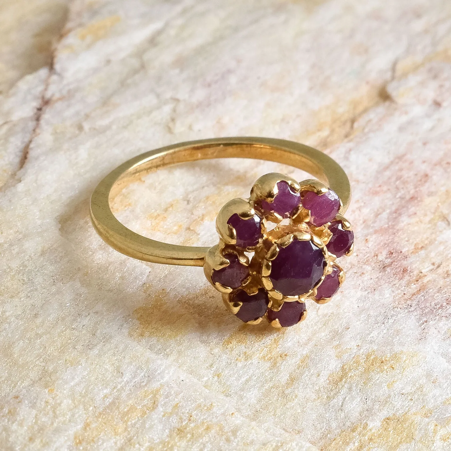 Gold Ruby Ring - Red Ruby Ring - Gold Flower Ring