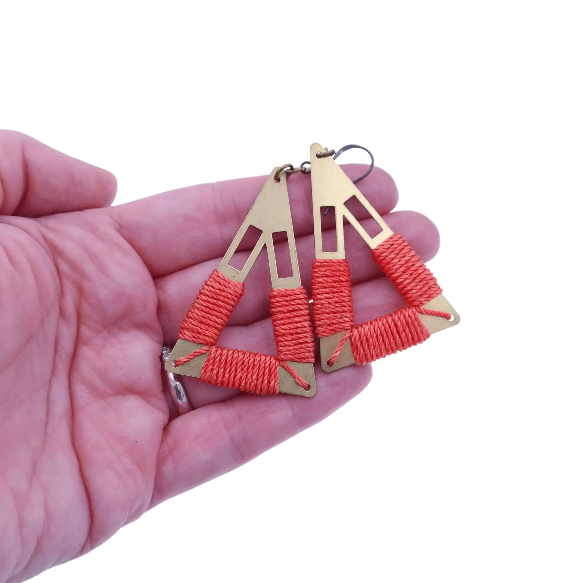 Gold Statement Triangle Earrings Wrapped in String