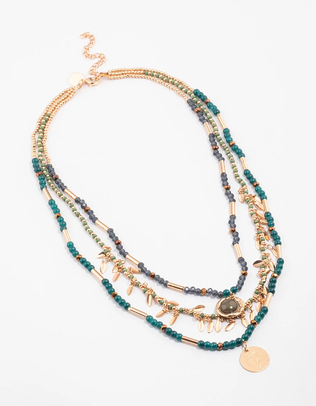 Gold Triple Row Hammered Disc Mixed Bead Necklace
