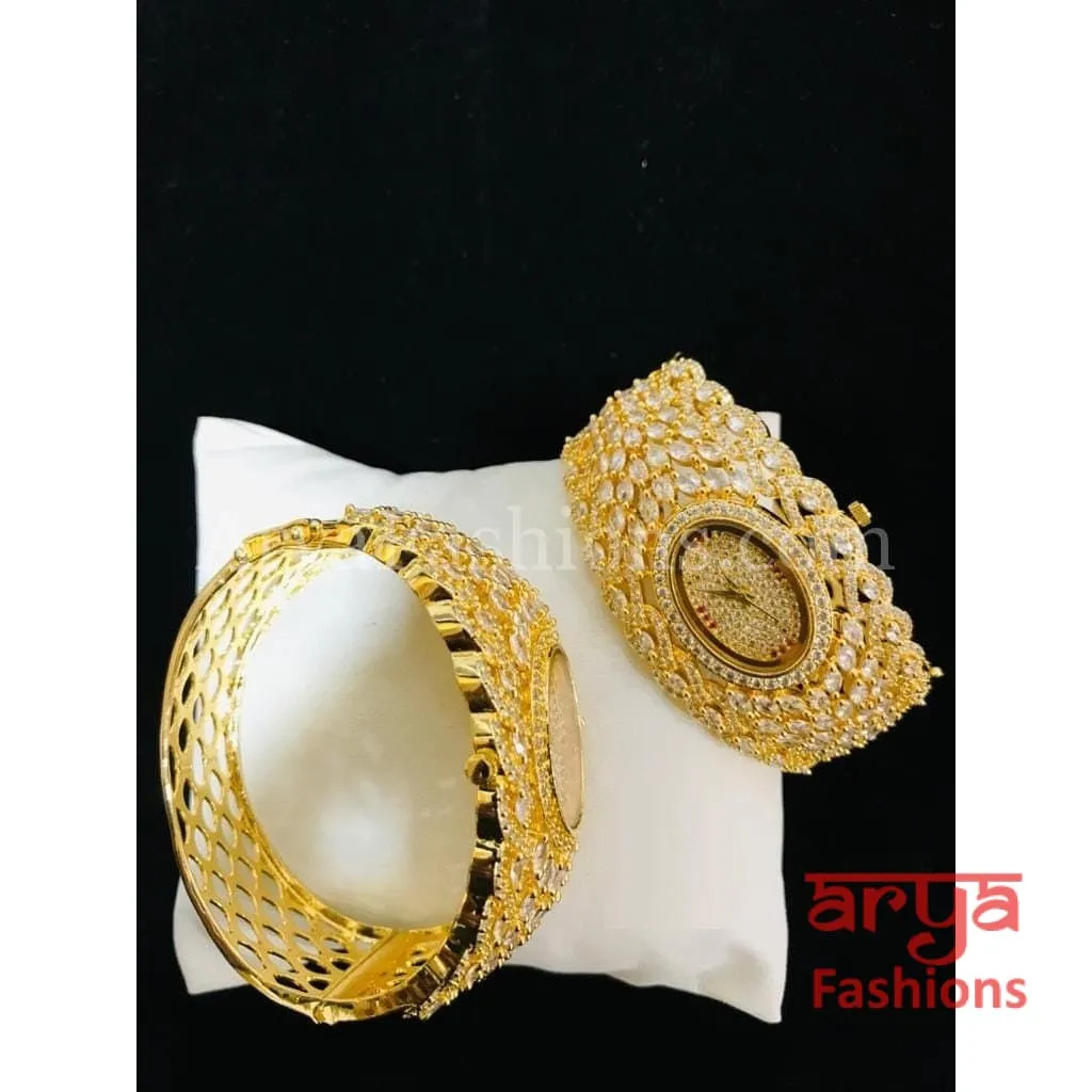 Golden CZ Designer Ladies Watch/ Rose Gold Silver Designer Bridal Watch/ CZ Stone Female Wrist Watch/ Hip Hop Watch