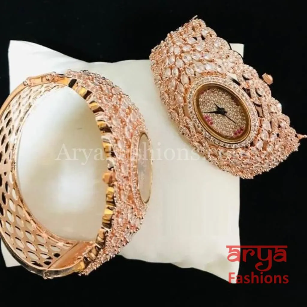 Golden CZ Designer Ladies Watch/ Rose Gold Silver Designer Bridal Watch/ CZ Stone Female Wrist Watch/ Hip Hop Watch
