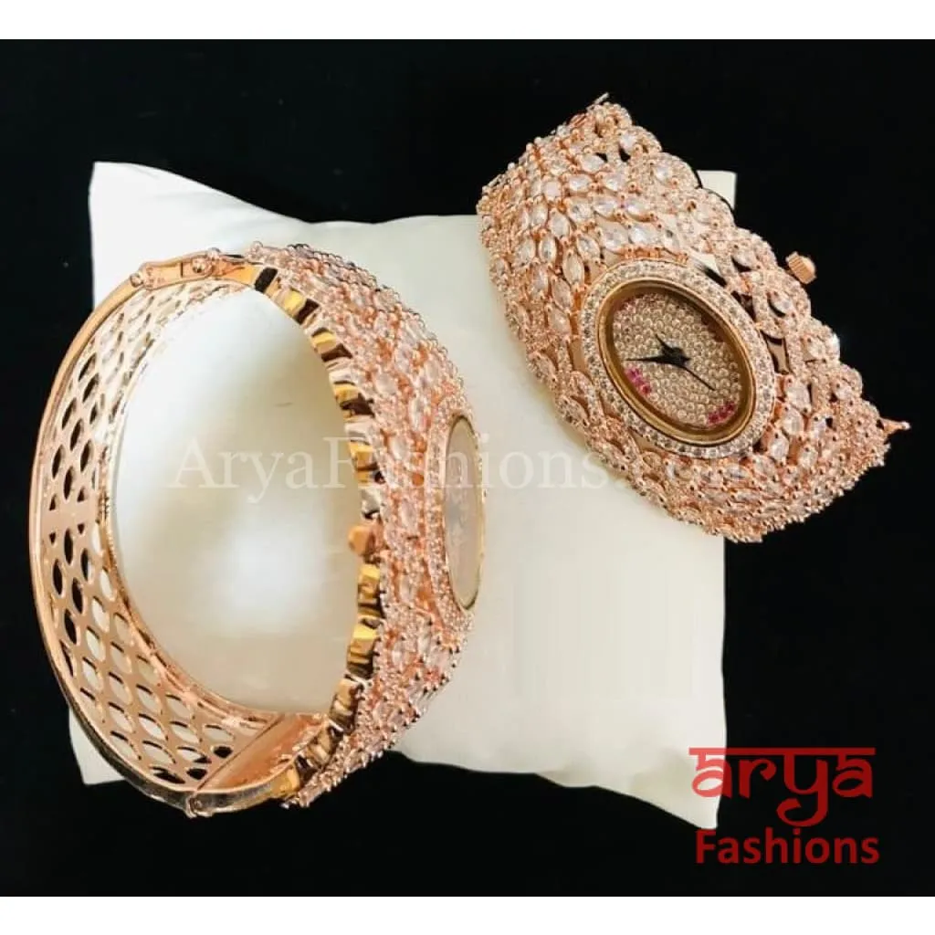 Golden CZ Designer Ladies Watch/ Rose Gold Silver Designer Bridal Watch/ CZ Stone Female Wrist Watch/ Hip Hop Watch