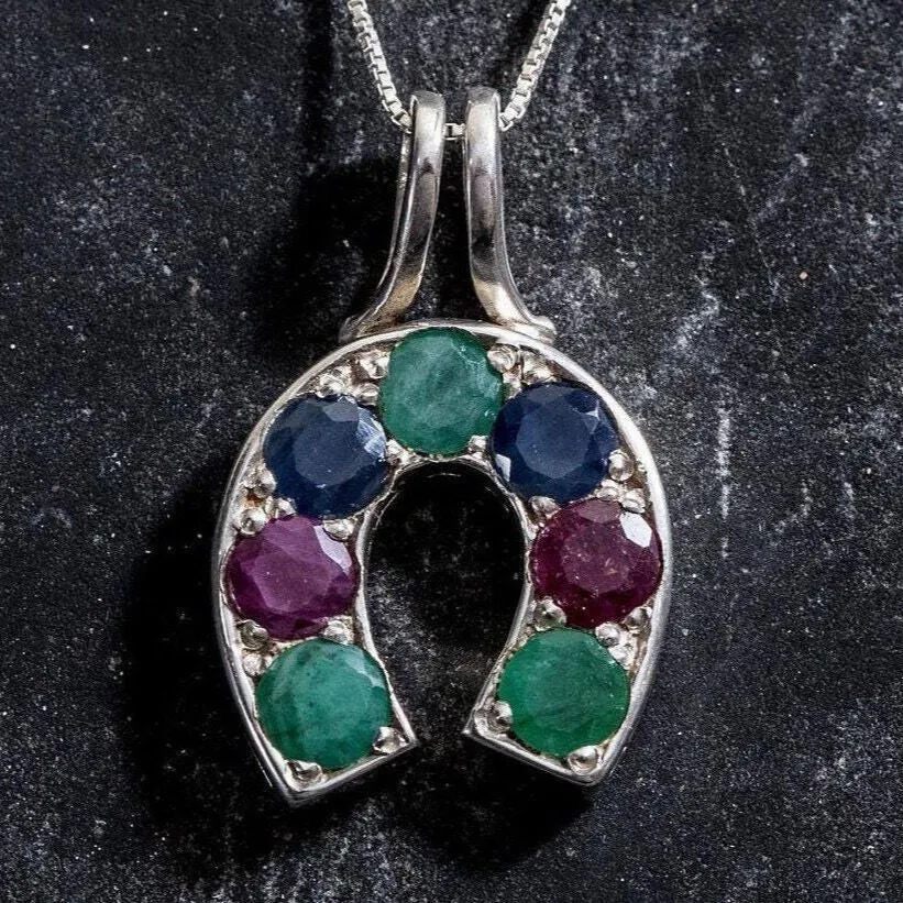 Green Emerald Necklace - Real Sapphire and Ruby Pendant - Horseshoe Pendant