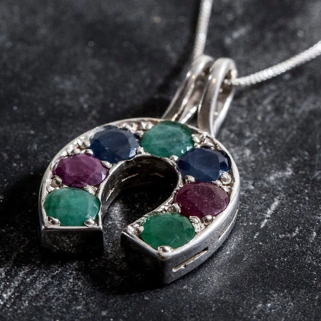 Green Emerald Necklace - Real Sapphire and Ruby Pendant - Horseshoe Pendant