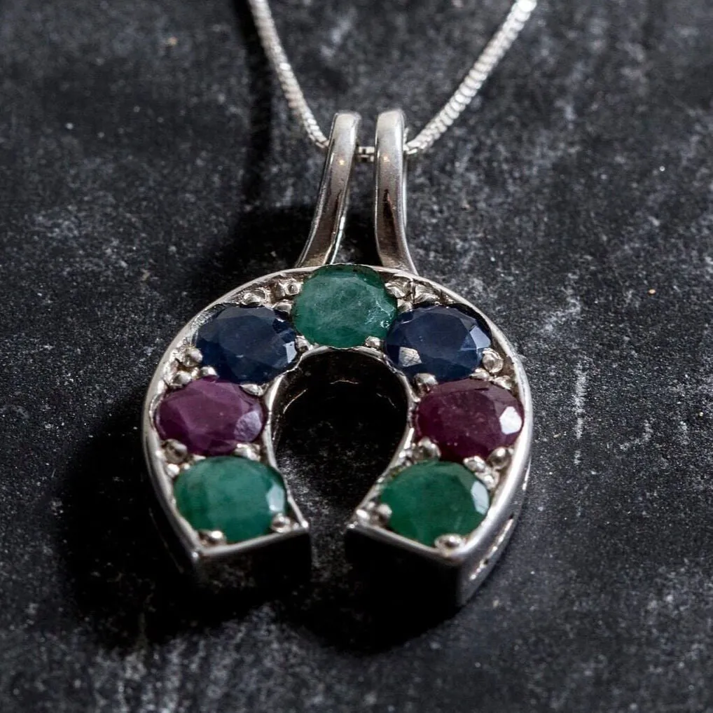 Green Emerald Necklace - Real Sapphire and Ruby Pendant - Horseshoe Pendant