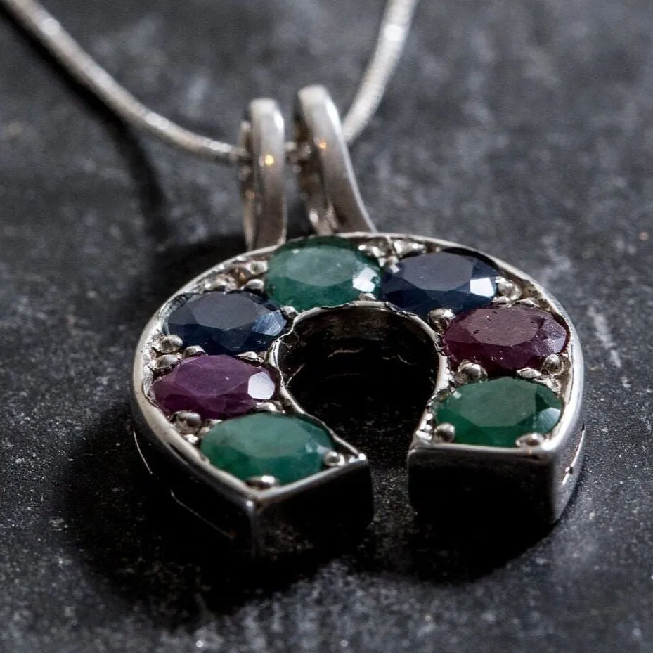 Green Emerald Necklace - Real Sapphire and Ruby Pendant - Horseshoe Pendant