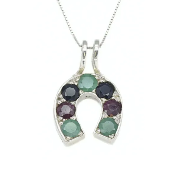 Green Emerald Necklace - Real Sapphire and Ruby Pendant - Horseshoe Pendant