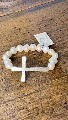 Hammered Cross & Freshwater Pearl Bracelet