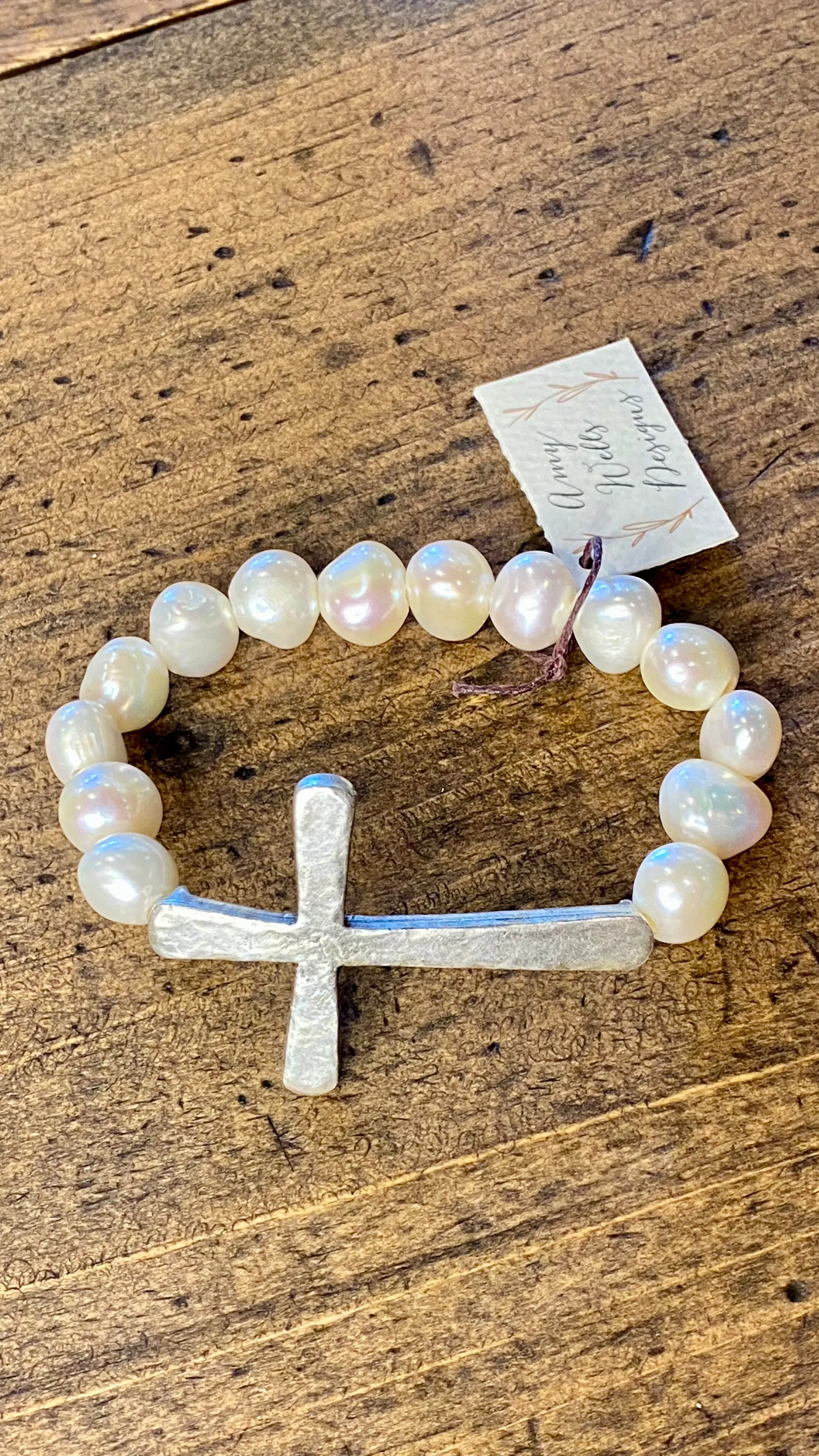 Hammered Cross & Freshwater Pearl Bracelet