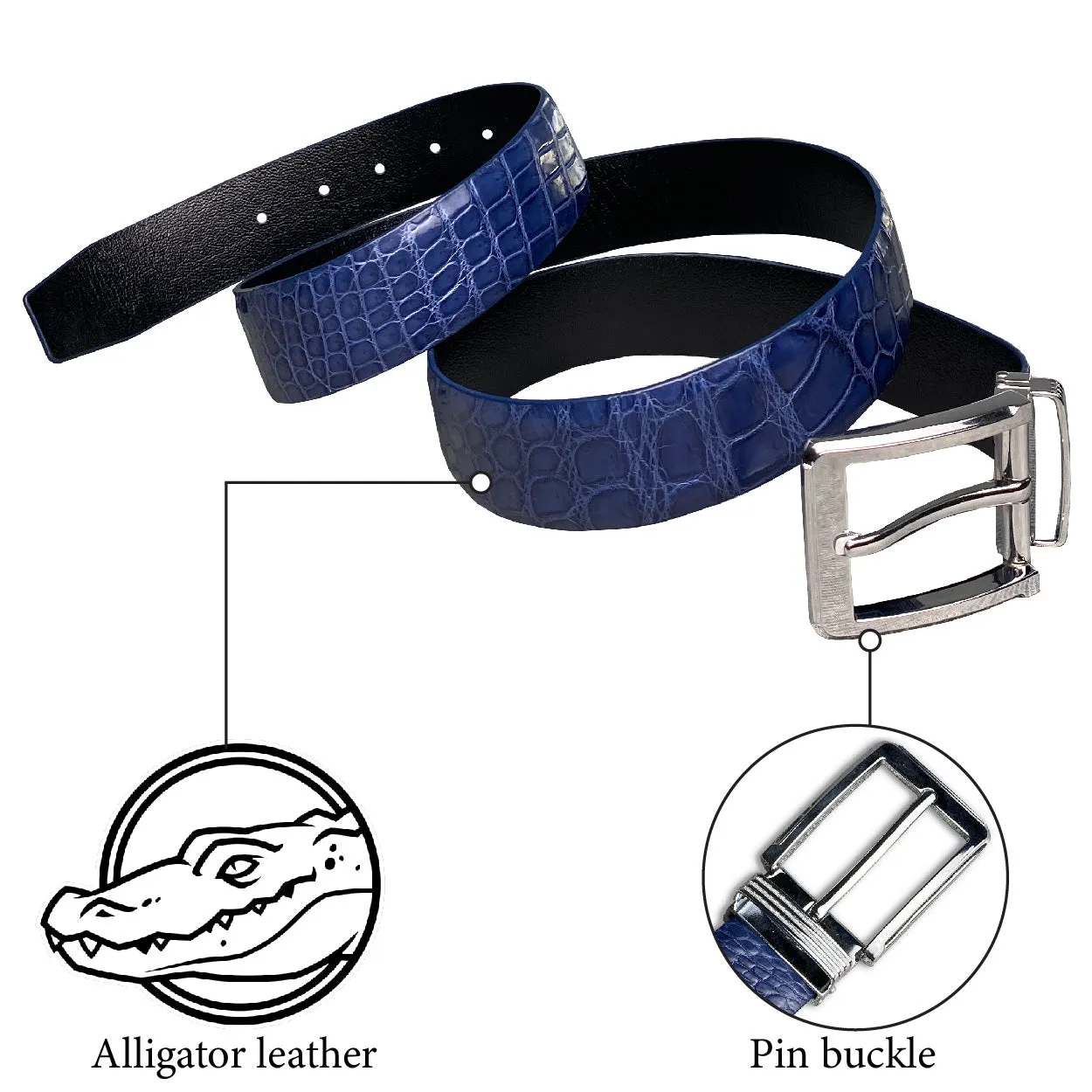 High-end Blue Alligator Belt Men's - Crocodile Skin Belly Belt 1.5" - Pin Buckle - BE-NAV-04-PIN