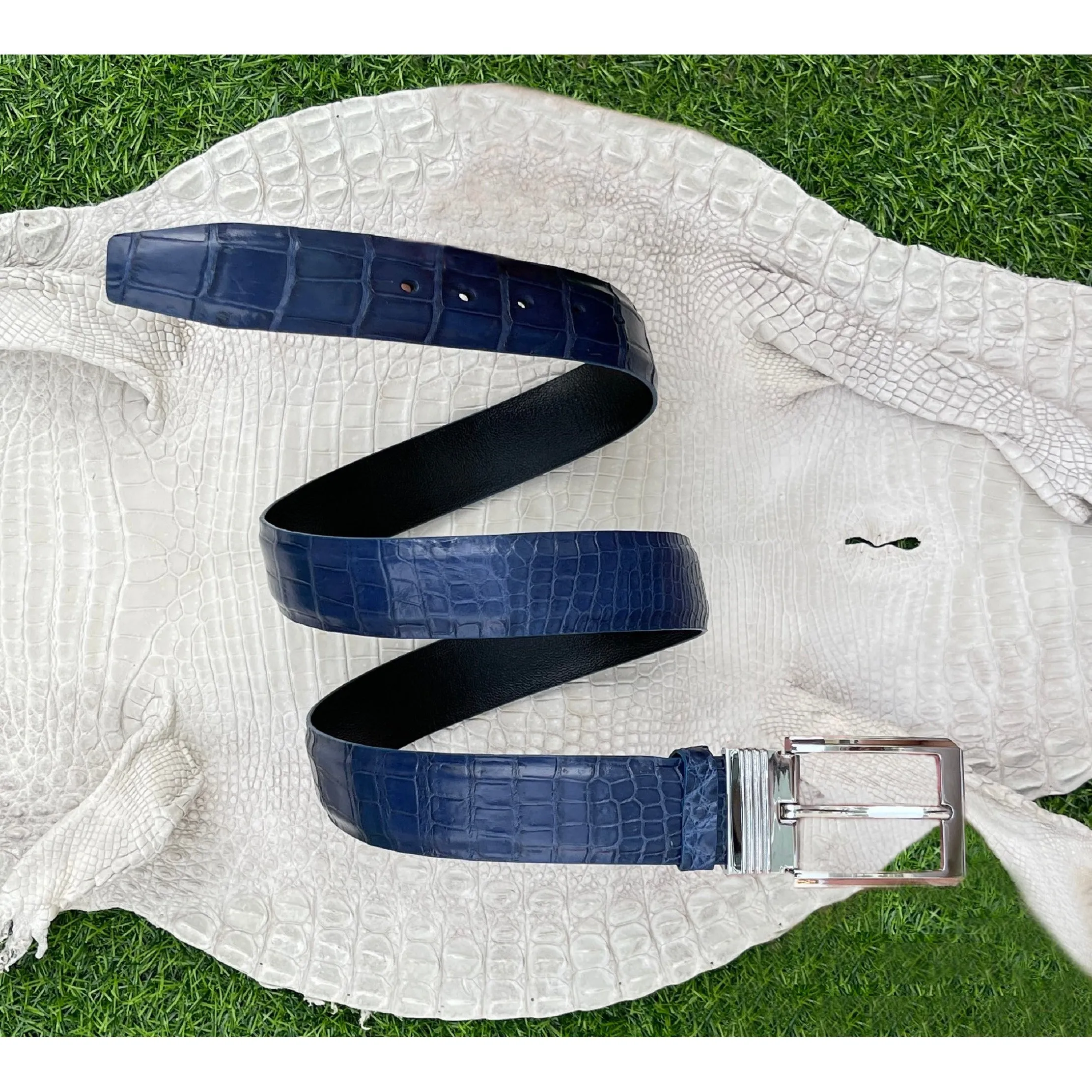 High-end Blue Alligator Belt Men's - Crocodile Skin Belly Belt 1.5" - Pin Buckle - BE-NAV-04-PIN